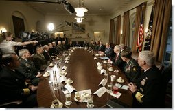 President George W. Bush addresses members of the media prior to meeting with the Joint Chiefs of Staff and Combatant Commanders in the Cabinet Room at the White House, Wednesday, Jan. 24, 2007. White House photo by Eric Draper