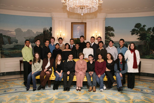 Mrs. Laura Bush meets with a group of Youth Ambassadors from Brazil , Friday, Jan. 26, 2006, during their visit to the White House. The Youth Ambassadors program was initiated by the U.S. Embassy in Brazil, as part of a cultural and educational exchange for students with academic excellence and leadership abilities from Latin America to visit the United States. White House photo by Shealah Craighead