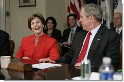 Mrs. Laura Bush speaks to executives from the food, beverage and entertainment industries about child fitness during a meeting Thursday, Feb. 1, 2007, in the Roosevelt Room of the White House.  White House photo by Eric Draper