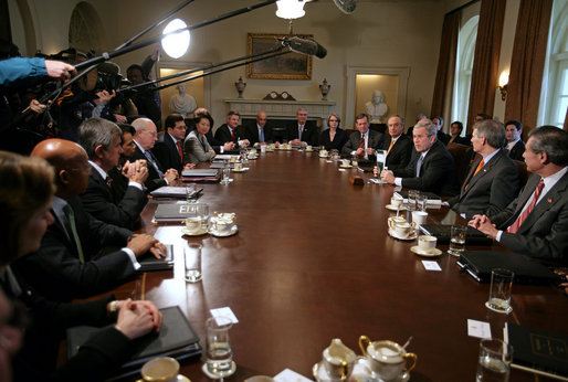 President George W. Bush talks with the media during a Cabinet meeting in the Cabinet Room Monday, Feb. 5, 2007. "I appreciate my Cabinet joining me today as we discussed our budget," said the President. "Today we submit a budget to the United States Congress that shows we can balance the budget in five years without raising taxes." White House photo by David Bohrer