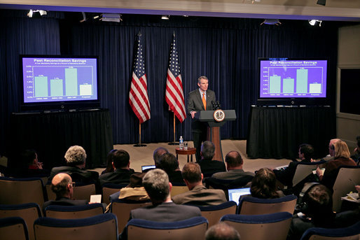 Director Rob Portman of the Office of Management and Budget presents the budget of the U.S. government for the 2008 fiscal year to the press in the Dwight D. Eisenhower Executive Office Building Monday, Feb. 5, 2007. White House photo by Paul Morse