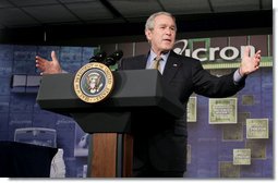President George W. Bush gestures as he addresses the employees at Micron Technology Virginia in Manassas, Va., Tuesday, Feb. 6, 2007, on fiscal responsibility and the fiscal year 2008 budget.  White House photo by Paul Morse