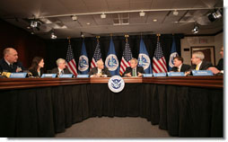 President George W. Bush joins Homeland Security Secretary Michael Chertoff, left, during a briefing Thursday, Feb. 8, 2007 at the Department of Homeland Security in Washington, D.C., on the status of DHS's priorities, especially those relating to the War on Terror. White House photo by Paul Morse