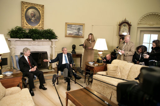 President George W. Bush talks with the press during a meeting with Ambassador Ryan Crocker, Ambassador-Designee to Iraq, in the Oval Office Friday, Feb. 16, 2007. White House photo by Eric Draper