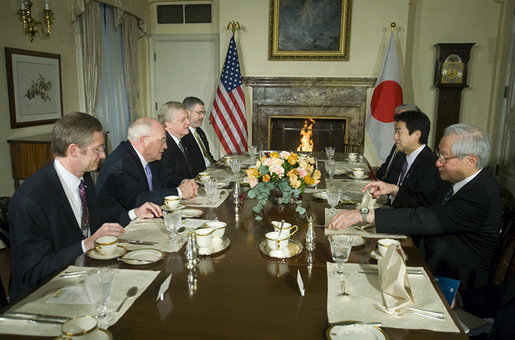 Vice President Dick Cheney holds a breakfast meeting with Japanese Chief Cabinet Secretary Yasuhisa Shiozaki and Japanese officials at the U.S. Ambassador's residence in Tokyo, Wednesday, February 21, 2007. Seated with the Vice President, from left, is Assistant to the Vice President for National Security Affairs John Hannah, U.S. Ambassador to Japan Thomas Schieffer, and Chief of Staff to the Vice President David Addington. White House photo by David Bohrer