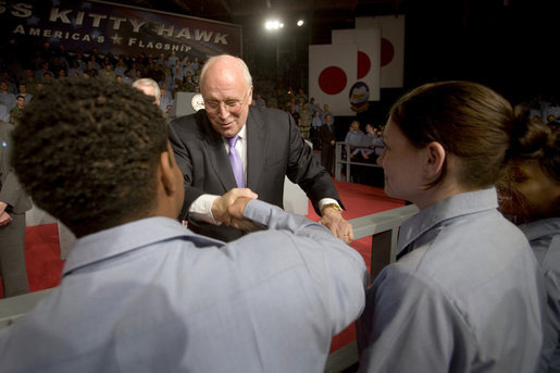 Vice President Dick Cheney greets U.S. troops Wednesday, Feb. 21, 2007, after his speech aboard the aircraft carrier USS Kitty Hawk at Yokosuka Naval Base in Japan. White House photo by David Bohrer