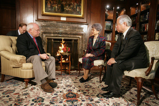 Vice President Dick Cheney meets with Mr. Shingeru Yokota and Mrs. Sakie Yokota, Thursday, Feb. 22, 2007, at the U.S. Ambassador's Residence in Tokyo. The Yokota's daughter, Megumi Yakota, was abducted by North Korean agents three decades ago and remains missing. White House photo by David Bohrer