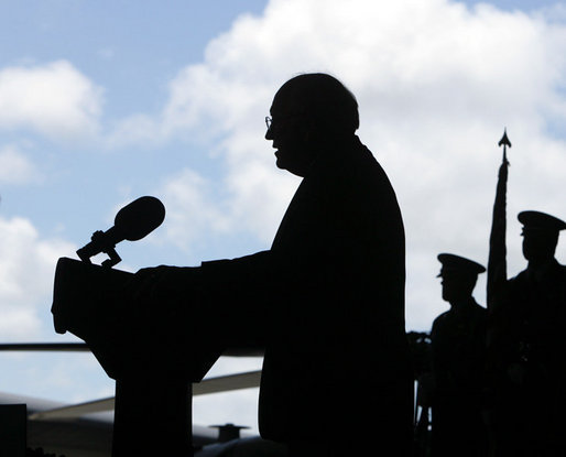 Vice President Dick Cheney delivers remarks during a rally for the troops, Thursday, Feb. 22, 2007, at Andersen Air Force Base, Guam. While en route from Tokyo to Sydney, Australia, the Vice President made the stop in Guam to thank the troops for their service and efforts in the global war on terror. White House photo by David Bohrer