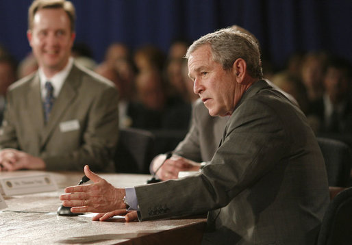 President George W. Bush gestures to emphasize a point during his participation at an energy forum discussion at Novozymes North America, Inc., Thursday, Feb. 22, 2007 in Franklinton, N.C., where President Bush praised the work being done to create new and diverse fuel sources. White House photo by Paul Morse