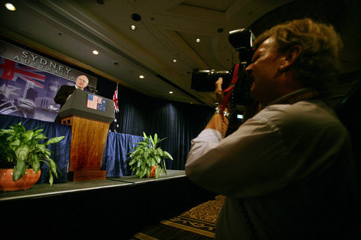 Vice President Dick Cheney addresses the Australian-American Leadership Dialogue, Friday, Feb. 23, 2007 in Sydney. The Australian American Leadership Dialogue is a private diplomatic initiative focused on the utility of the bilateral relationship between the United States and Australia. White House photo by David Bohrer