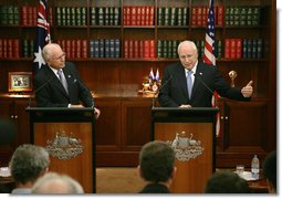 Vice President Dick Cheney answers a question Saturday, Feb. 24, 2007, during a joint press availability with Australian Prime Minister John Howard at the Prime Minister's office in Sydney. White House photo by David Bohrer