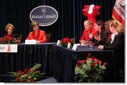 Mrs. Laura Bush and Mrs. Nancy Reagan listen to Lori Kupetz, heart disease survivor, during a panel discussion at the Reagan Presidential Library and Museum Wednesday, Feb. 28, 2007, in Simi Valley, Calif. Since the Heart Truth campaign began five years ago, more women are aware that heart disease is the #1 killer of women and fewer women are dying of heart disease. White House photo by Shealah Craighead