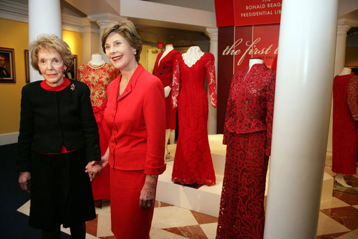 Mrs. Laura Bush and Mrs. Nancy Reagan pose for a photo during a tour of the Red Dress Exhibit at the Ronald Reagan Presidential Library and Museum Wednesday, Feb. 28, 2007, in Simi Valley, Calif. The exhibit features red dresses and suits worn by America’s First Ladies who have joined the Heart Truth campaign to raise awareness of heart disease as the #1 killer of women. White House photo by Shealah Craighead