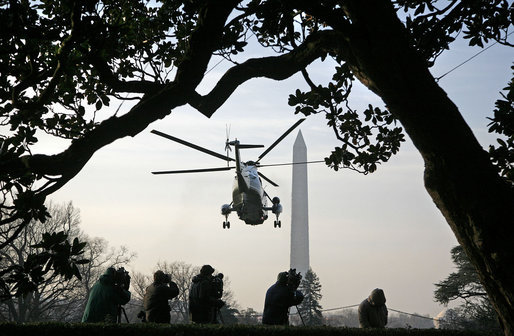 President George W. Bush departs the South Lawn via Marine One en route to the Gulf Coast Thursday, March 1, 2007. The President will travel to Mississippi and Louisiana, where he will meet with officials and residents and speak at Samuel J. Green Charter School. White House photo by Paul Morse