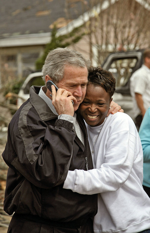 President George W. Bush visits with residents in Americus, Ga., March 3, 2007. The President toured tornado-damaged areas in Alabama and Georgia. White House photo by Paul Morse