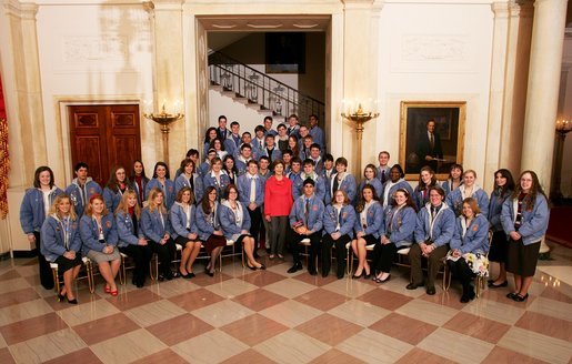 Mrs. Laura Bush poses with the winners of the Veterans of Foreign Wars (VFW) National Voice of Democracy Award on the Grand Staircase at the White House, Monday, March 5, 2007 in Washington, D.C. The young students participated in the Voice of Democracy scholarship contest, an annual audio essay competition for high school students. The contest, which is designed to foster patriotism, gives students the opportunity to voice their opinions in a three-to five-minute essay. Created in 1947, the VFW scholarship program provides $3 million in scholarships each year. White House photo by Shealah Craighead