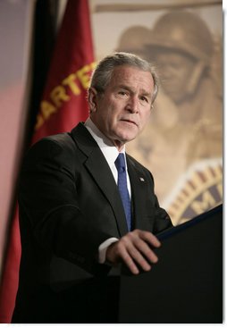 President George W. Bush addresses the American Legion 47th National Conference, Tuesday, March 6, 2007, in Washington, D.C. President Bush in his address said, "You know America can overcome any challenge or any difficulty. You know America's brightest days are still ahead. And you know that nothing we say here -- no speech, or vote, or resolution in the United States Congress -- means more to the future of our country than the men and women who wake up every morning and put on the uniform of our country and defend the United States of America."  White House photo by Eric Draper