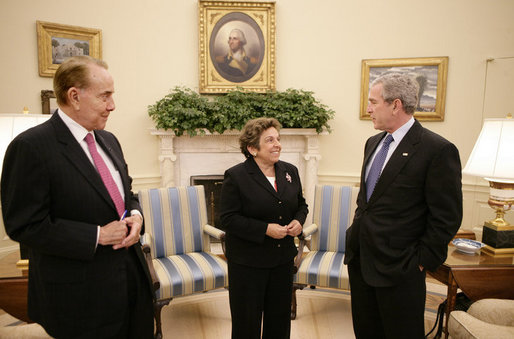 President George W. Bush meets with former U.S. Sen. Bob Dole and former U.S. Health and Human Services Secretary Donna Shalala in the Oval Office, Wednesday, March 7, 2007, who will co-chair the President’s Commission on Care for America’s Returning Wounded Warriors. White House photo by Eric Draper
