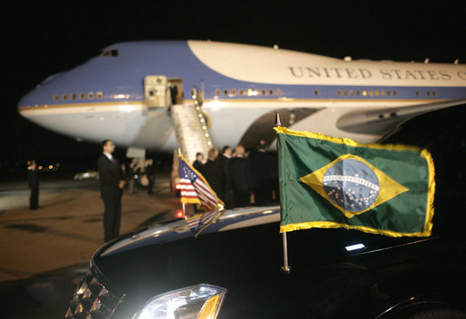 The Presidential limousine flies the flags of the United States and Brazil on the arrival of President George W. Bush and Mrs. Laura Bush to Guarulhos International Airport aboard Air Force One in Sao Paulo, Brazil, March 8, 2007, the first stop in their week-long trip to Latin America. White House photo by Eric Draper