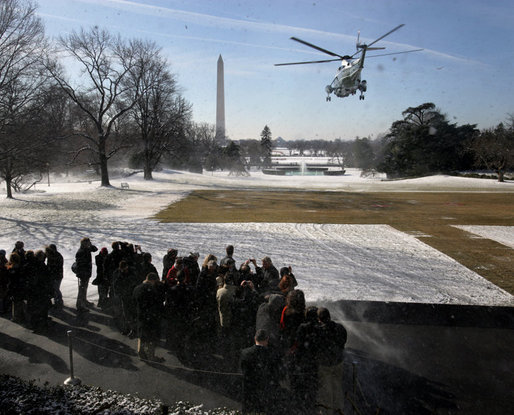 President George W. Bush and Mrs. Laura Bush depart the South Lawn aboard Marine One, Thursday, March 8, 2007, for a six-day trip to Latin America, with scheduled stops in Brazil, Uruguay, Colombia, Guatemala, and Mexico. White House photo by David Bohrer