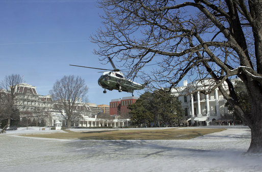 President George W. Bush and Mrs. Laura Bush depart the White House South Lawn via Marine One en route Andrews Air Force Base Thursday, March 8, 2007. The President and Mrs. Bush are traveling to Brazil, Uruguay, Colombia, Guatemala, and Mexico from March 8 - 14, 2007. White House photo by Joyce Boghosian