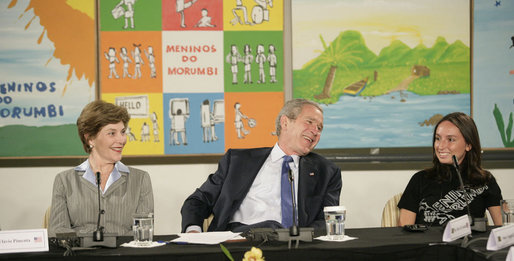 President George W. Bush and Mrs. Laura Bush participate Friday, March 9, 2007, in a community roundtable at Meninos do Morumbi. Founded in 1996 by professional musician Flavio Pimenta, the organization teaches musical skills to the young people of Sao Paulo as an alternative to the culture of drugs and crime. White House photo by Eric Draper