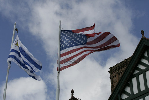 The Uruguayan and United States flags fly over the Main House at Estancia Anchorena, the Colonia, Uruguay retreat of President Tabare Vazquez welcoming President George W. Bush and Mrs. Laura Bush Saturday, March 10, 2007. White House photo by Eric Draper