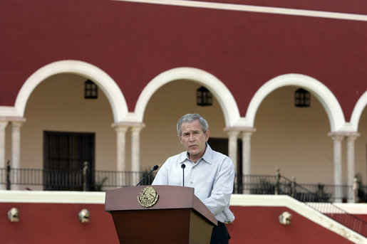 President George W. Bush delivers a statement during arrival ceremonies Tuesday, March 13, 2007, at Hacienda Temozon in Temozon Sur, Mexico. Said the President, "The United States and Mexico are partners. We're partners in building a safer, more democratic and more prosperous hemisphere. And a strong relationship between our countries is based upon mutual trust and mutual respect." White House photo by Paul Morse
