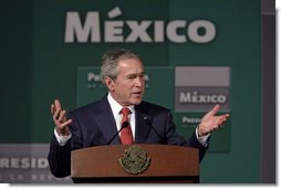 President George W. Bush addresses a reporter’s question Wednesday, March 14, 2007 in Merida, Mexico, during a joint news conference with Mexico’s President Felipe Calderon.  White House photo by Paul Morse