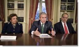 President George W. Bush meets with former U.S. Sec. of Health and Human Services Donna Shalala, left, and former U.S. Sen. Bob Dole, co-chairs of the President's Commission on Care for America's Returning Wounded Warriors, Friday, March 16, 2007 at the White House. White House photo by Eric Draper