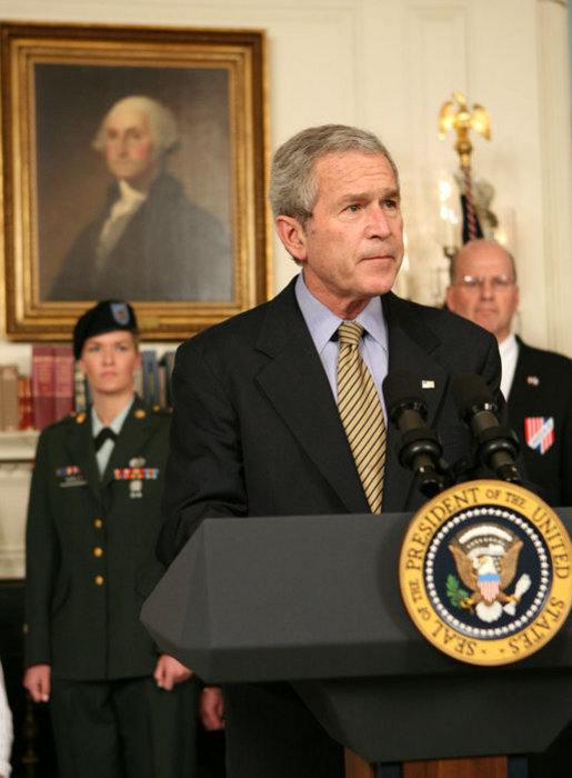 President George W. Bush discusses the Iraq War Emergency Supplemental with the press in the Diplomatic Reception Room Friday, March 23, 2007. "The purpose of the emergency war spending bill I requested was to provide our troops with vital funding. Instead, Democrats in the House, in an act of political theater, voted to substitute their judgment for that of our military commanders on the ground in Iraq," said President Bush. White House photo by Eric Draper