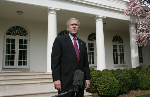 President George W. Bush delivers a statement to the media regarding the health of White House Press Secretary Tony Snow Tuesday, March 27, 2007, in the Rose Garden. White House photo by Joyce Boghosian