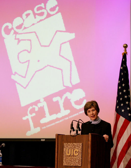 Mrs. Laura Bush addresses the CeaseFire CEO Summit at the University of Illinois at Chicago, Thursday, March 29, 2007. Mrs. Bush praised the CeaseFire Chicago program as an outstanding example of how communities can work together to provide our nation's youth with a safe and positive place to learn and grow. White House photo by Shealah Craighead
