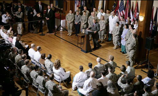President George W. Bush addresses the medical personnel of Walter Reed Army Medical Center, Friday, March 30, 2007 in Washington, D.C., thanking them for providing extraordinary health care to the people who wear the uniform. President Bush also visited with patients and their family members on his visit to the medical facility. White House photo by Eric Draper