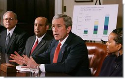 President George W. Bush addresses his remarks to members of the media during a meeting with small business owners, health insurance providers and recently insured individuals on Health Savings Accounts, Monday, April 2, 2007, in the Roosevelt Room at the White House. A report released Monday shows the number of individuals covered by Health Savings Accounts has increased 43 percent over the last year.  White House photo by Joyce Boghosian
