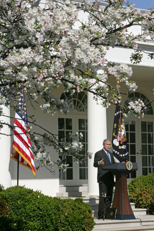 President George W. Bush addresses the press Tuesday, April 3, 2007, in the Rose Garden. "The reinforcements we've sent to Baghdad are having a impact. They're making a difference," said the President. "And as more of those reinforcements arrive in the months ahead, their impact will continue to grow. But to succeed in their mission, our troops need Congress to provide the resources, funds, and equipment they need to fight our enemies." White House photo by David Bohrer