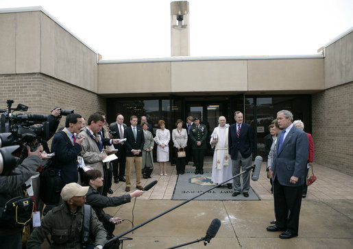 President George W. Bush delivers remarks to news reporters after attending an Easter church service at Fort Hood, Texas, Sunday, April 8, 2007. White House photo by Eric Draper