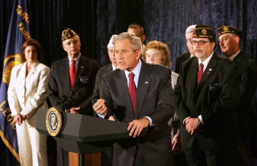 President George W. Bush emphasizes a point as he speaks on the Iraq War Supplemental during a visit to the American Legion Post 177 Tuesday, April 10, 2007, in Fairfax, Va. Said the President, "The bottom line is this: Congress's failure to fund our troops will mean that some of our military families could wait longer for their loved ones to return from the front lines. Others could see their loved ones headed back to war sooner than anticipated. This is unacceptable." White House photo by Joyce Boghosian