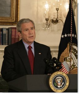 President George W. Bush delivers a statement Monday, April 16, 2007, regarding the shooting deaths of more than 30 Virginia Tech students. "Today, our nation grieves with those who have lost loved ones at Virginia Tech," said the President. "We hold the victims in our hearts, we lift them up in our prayers, and we ask a loving God to comfort those who are suffering today."  White House photo by Eric Draper