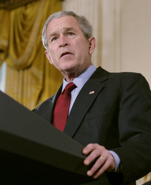 President George W. Bush addresses his remarks on the Iraq War supplemental spending bill in the East Room at the White House, Monday, April 16, 2007, urging Congress to pass an emergency war spending bill, without strings and without further delay. White House photo by Eric Draper
