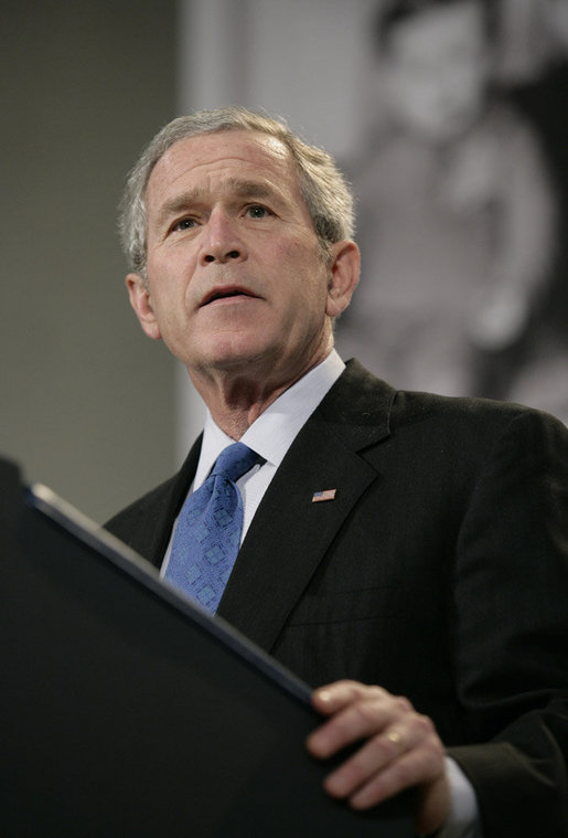 President George W. Bush delivers remarks at the United States Holocaust Memorial Museum Wednesday, April 18, 2007. Speaking on the issue of Darfur, the President told his audience, "Thanks to the efforts of people in this room, the world knows and the world sees. Now the world must act." White House photo by Eric Draper