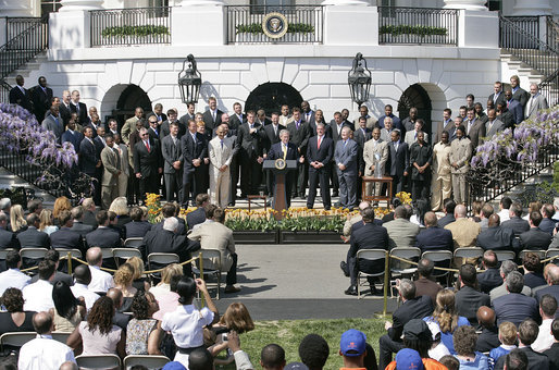 President George W. Bush delivers remarks during a ceremony honoring the 2007 NFL Super Bowl Champions, the Indianapolis Colts, Monday, April 23, 2007, on the South Lawn. White House photo by Shealah Craighead