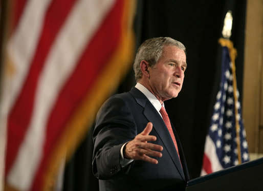President George W. Bush addresses his remarks at Harlem Village Academy Charter School in New York, during his visit to the school Tuesday, April 24, 2007, speaking on his “No Child Left Behind” reauthorization proposals. White House photo by Eric Draper