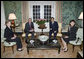 President George W. Bush and Mrs. Laura Bush meet with Japanese Prime Minister Shinzo Abe and his wife Mrs. Akie Abe Thursday, April 26, 2007, at the Blair House on Pennsylvania Avenue. Afterwards, the two couples walked to the White House for a social dinner. White House photo by Eric Draper