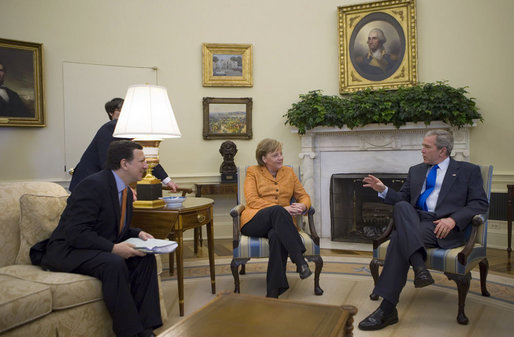 President George W. Bush is joined by Jose Manuel Barroso, President of the European Commission, and Chancellor Angela Merkel of the Federal Republic of Germany, President of the European Council, during meetings Monday, April 30, 2007, at the White House. White House photo by Eric Draper
