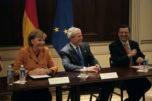 President George W. Bush, center, European Commission President Jose Manuel Barroso, right, and Chancellor Angela Merkel of the Federal Republic of Germany, left, meet with members of the TransAtlantic Business Dialogue during an April 30, 2007 meeting in the Dwight D. Eisenhower Executive Office Building in Washington, D.C. White House photo by Eric Draper