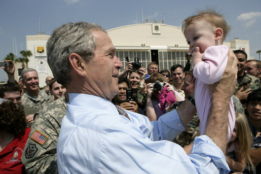 President George W. Bush greets the crowd on hand at MacDill Air Force Base in Tampa Tuesday, May 1, 2007. The President was on hand for a briefing at CENTCOM, and to deliver remarks to the CENTCOM Coalition Conference. White House photo by Eric Draper