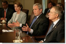 President George W. Bush speaks during a meeting with the bicameral, bipartisan Congressional leadership Wednesday, May 2, 2007, in the Cabinet Room of the White House. Said the President before the meeting, " I thank the leaders from Congress for coming down to discuss the Iraq funding issue. Yesterday was a day that highlighted differences. Today is a day where we can work together to find common ground."  White House photo by Eric Draper