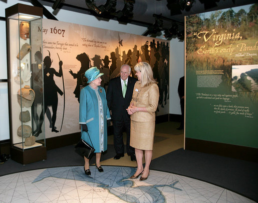 Vice President Dick Cheney and Her Majesty Queen Elizabeth II of England speak with Ms. Bly Straube, Senior Curator, Association for the Preservation of Virginia Antiquities, during a tour Friday, May 4, 2007 of the Historic Jamestowne Archaearium in Jamestown, Virginia. The Historic Jamestowne Archaearium houses 17th century objects excavated from the James Fort site. White House photo by David Bohrer