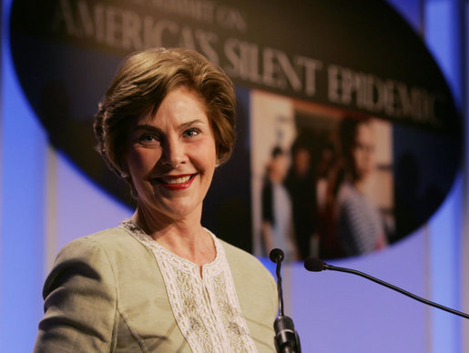Mrs. Laura Bush addresses her remarks Wednesday, May 9, 2007 in Washington, D.C., at the National Summit on America’s Silent Epidemic highlighting America’s high school dropout crisis. Mrs. Bush encouraged communities across the nation to come together and take action to reduce the high school dropout rate. White House photo by Joyce Boghosian